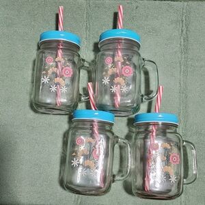 Floral Glass Mason Jar Set with Blue Lids